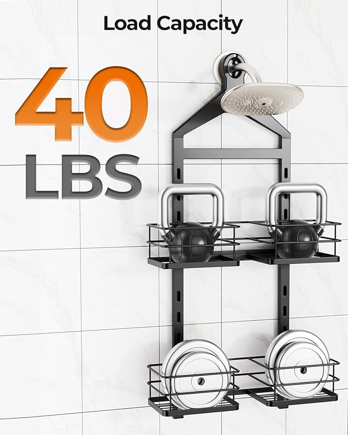 ODesign 2 Tier Height-Adjustable Shower Caddy Hanging Anti-Swing-Over The Shower Head Caddy Storage Organizer Bathroom Shelves Basket-Black