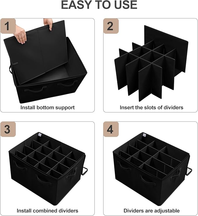 TOPIA HOME Shoe Organizer for Closet 2 Pack, Foldable Shoe Box with Adjustable Dividers and Clear Cover, Space Saving Shoe Storage Organizer Cabinet with Reinforced Handles, Fits 32 Pairs, Black TP12B