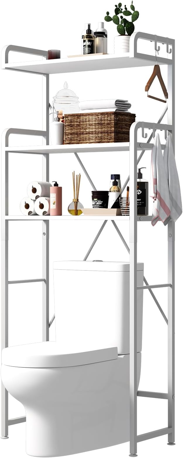 Huhote Over The Toilet Storage Rack with 3-Tier Bathroom Shelves, Space Saver Toilet Shelf, Bathroom Storage Organizer with Hooks for Over Toilet Storage and Shelf (White)