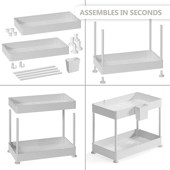 Under Sink Organizers and Storage | Bathroom Cabinet Organizer, Sink Shelf with Utility Hooks and Side Caddy for Under Cabinet Storage | Non Slip Grip Under Kitchen Sink Organizer, White (1-Pack)