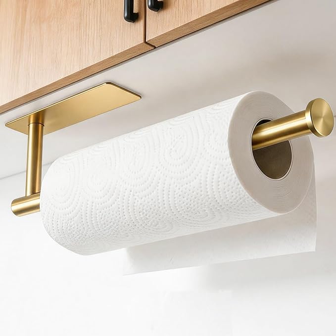 theaoo Paper Towel Holder - Under Cabinet Paper Towel Holder for Kitchen, Adhesive Paper Towel Roll Rack for Bathroom Towel, Wall Mounted Paper Towel Rack, SUS304 Stainless Steel(1, Gold)