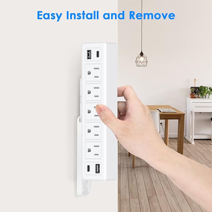 40W Under Desk Power Strip Mountable,20W USB-C Fast Charging Flat Plug Power Strip Surge Protector 1200J,9 in 1 Desk Outlet,5 Outlets,2 USB-C,2 USB-A,10FT Extension Cord White