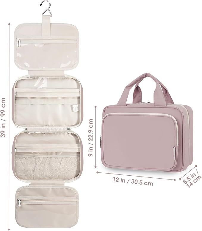 Narwey Travel Toiletry Bag for Women Large Hanging Makeup Bag Organizer Toiletries Bag for Full Size Essentials Accessories Cosmetics (Dusty Rose (Large))