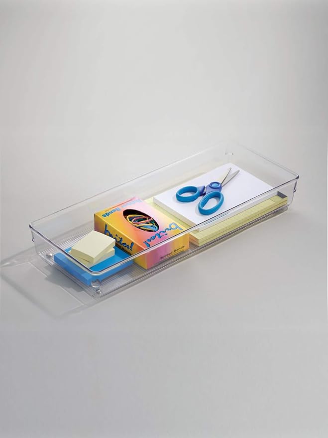 iDesign Linus Plastic Kitchen Drawer Organizer for Silverware, Spatulas, Cutlery, Gadgets, Office Supplies, Cosmetics, 6" x 15" x 2" - Clear