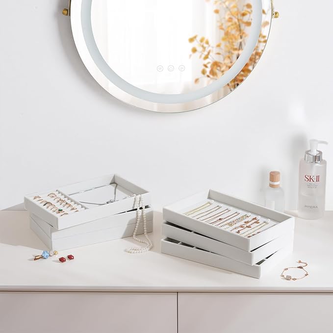 ProCase Stackable Jewelry Organizer Trays for Drawers, Jewelry Drawer Inserts Container Display Case Storage for Earring Necklace Rings Bracelet with Removable Dividers -Warmwhite, 6 Layers