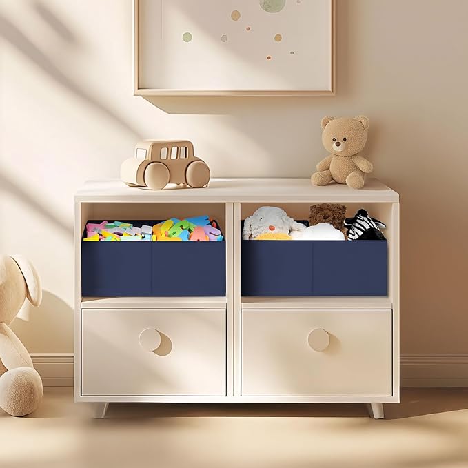 Large Closet Shelf Organizer Bins 4 Packs with Handles and Divider, Navy Blue