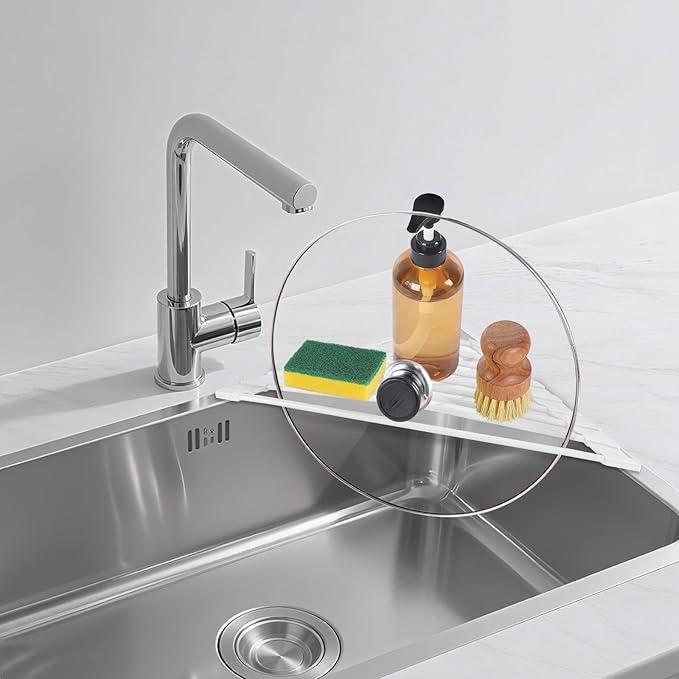 HANZENMA Triangular Sink Rack, Multi-Functional Rack Above the countertop, Foldable Sink Drying mat, Heat-Resistant, Non-Slip, and Rust-Proof Dish Rack (White)