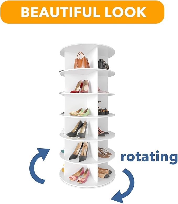 6 Tier Rotating Shoe Rack Tower, Spinning Shoe Display Lazy Susan, 6-Tier White
