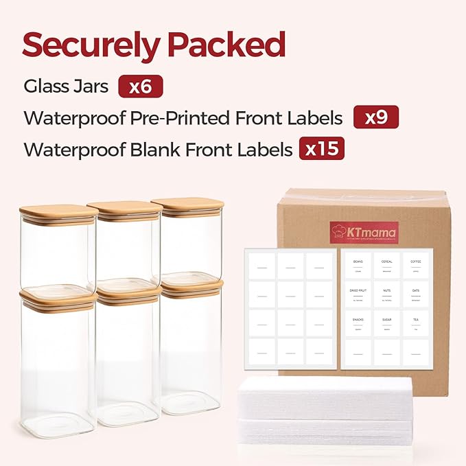6-Pack Square Glass Pantry Storage Containers with Lids, Airtight Stackable Pantry Organization and Storage Set (1.9/1.2/0.6 Qt) for Snacks, Cereal & Coffee