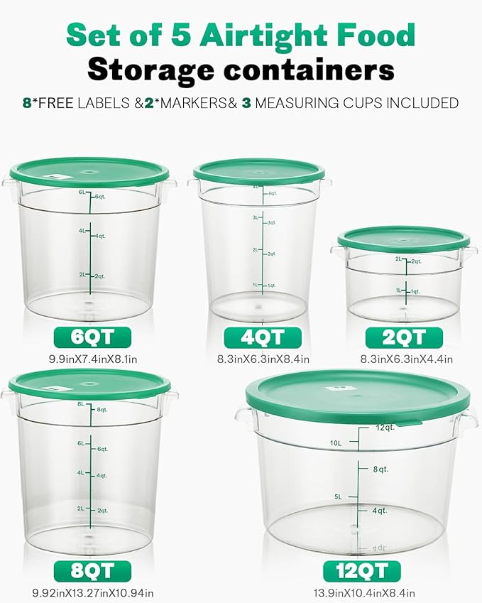 6QT NSF Round Food Storage Containers with Lids, GREEN