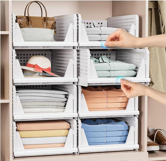 4 Pack Stackable Closet Storage Basket - Stackable Storage Bins, Multifunctional & Foldable Closet Organizer Divided, Wardrobe Cupboard Space-Saving Clothes Storage Hat Organizer, White