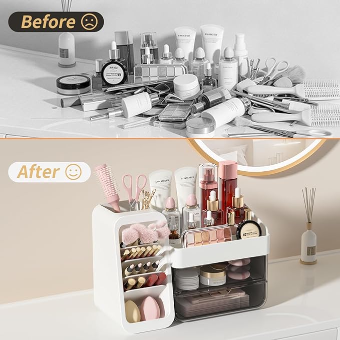 Makeup Organizer for Vanity with 5 Adjustable Dividers & 2 Clear Drawers, Large Make Up Brush & Perfume Holder, Cosmetic Display Cases Skincare Storage for Bathroom Countertop, Office, Pantry, Kitchen