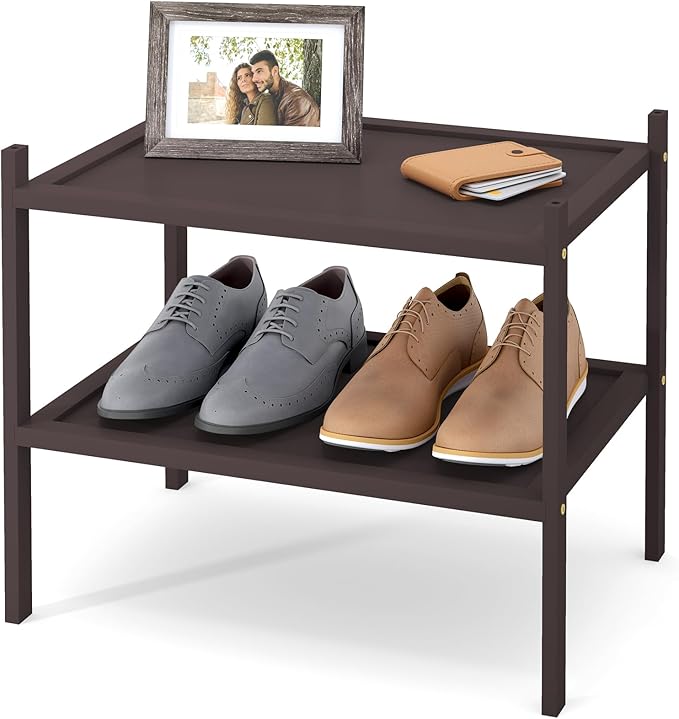 Bamboo Small Shoe Rack, 2 Tier Shoe Organizer for Entryway & Closet, Brown