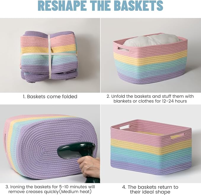 5 Pack Rainbow Woven Storage Baskets for Shelves, Decorative Toy Baskets Organizer for Kids Room, Nursery, Playroom, Classroom – Colorful Cotton Rope Toy Storage Bins for Organizing & Decor
