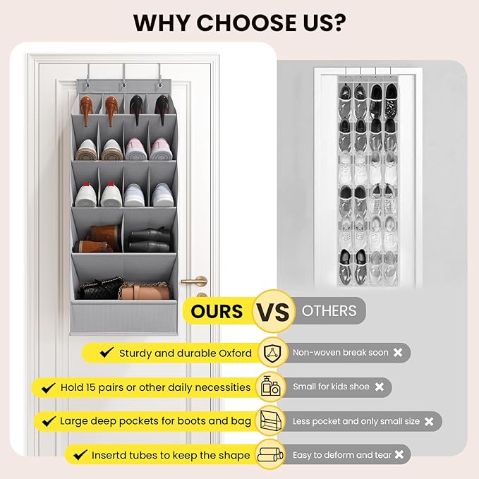 18 Pairs Over the Door Shoe Organizer, Shoe Rack for Closet Door with Large Breathable Pockets, Hanging Shoes Rack for Boots, Behind the Door Organizer Shoe Holder for Categorized Storage, Grey 