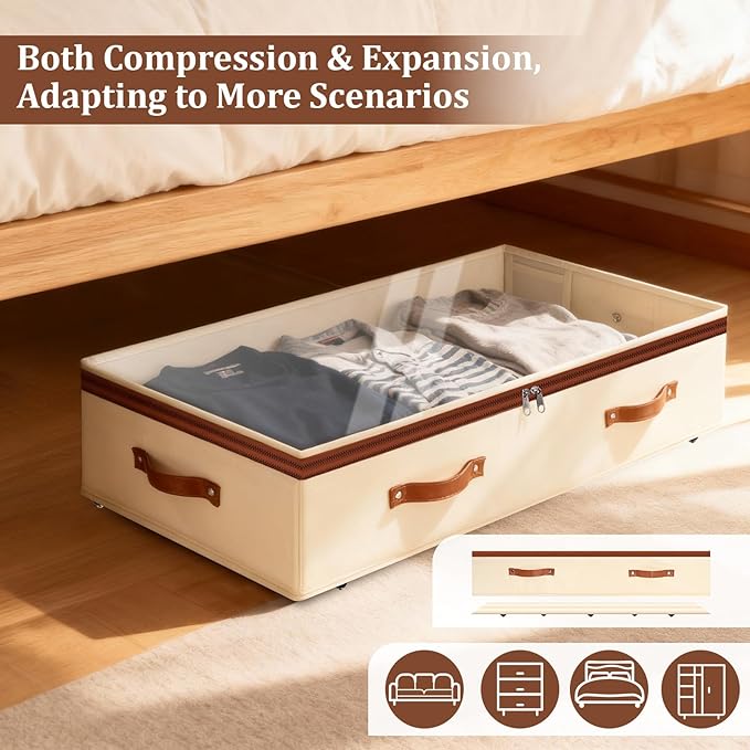 Dolicer 2 Pack Under Bed Storage with Wheels, 6in-10in Height Adjustable Underbed Storage Containers, 92L XXXL Under Bed Drawers Rolling Bin with Clear Lids for Dorm Shoes Clothes Organizers(Beige)