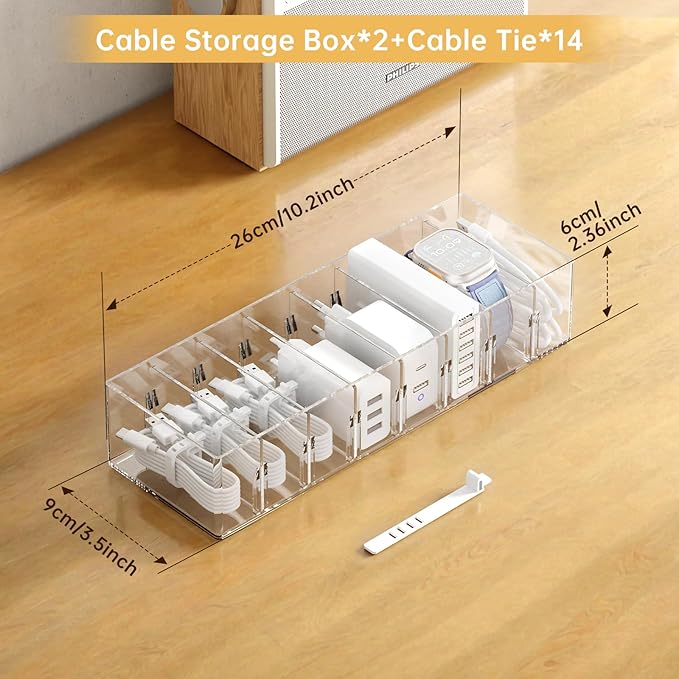 FRETONBA 2 Pack Cable Storage Organizer Box with 8 Compartments and 14 Wire Ties, Stackable Charger Organizer, Clear Cord organizer for Drawer, Adjustable Divider Cord Management Box