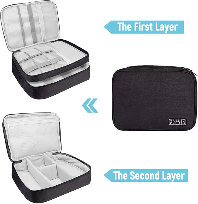 Lcsmaokin Electronics Travel Organizer,Large Double Layer Portable Waterproof Travel Organizer Bag for Charging Cable Storage,Ipad,Power Bank,Hard Drive etc,for Travel,Business,5pcs Cable Ties-Black