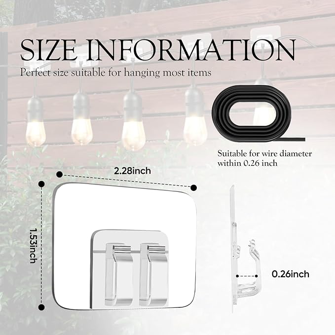 80Pcs Hooks for Outdoor String Lights Clips: Heavy Duty Cable Clips with Waterproof Adhesive Strips for Hanging Christmas Light - Outside UV-Resistant Clear Sticky Cord Holders Rope Organizer