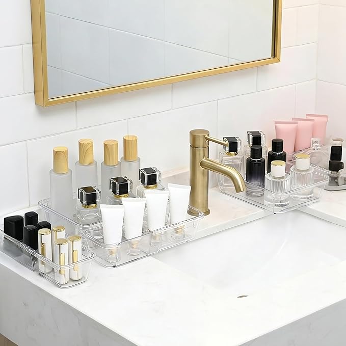 21 PCS Extendable Drawer Organizer Set, 3-Size Clear Stackable Vanity Storage Bins, BPA-Free Adjustable Non-Slip Acrylic Dressing Table Organizer Boxes for Makeup, Cosmetics, Office Supplies, Utensils