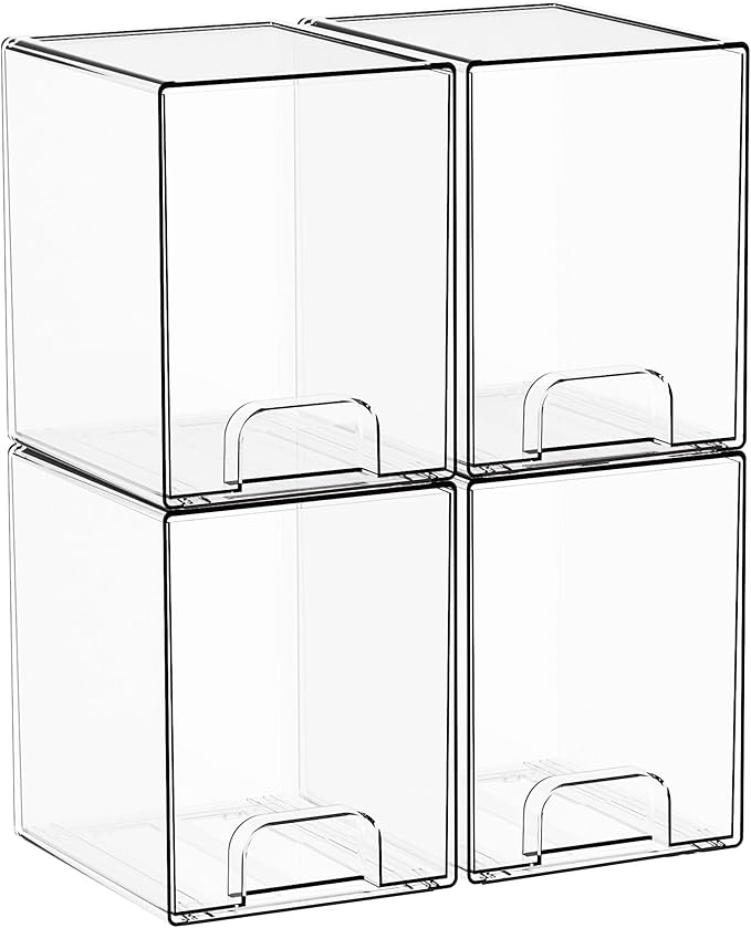 Yieach 7.5"H Stackable Storage Drawers,4 Pack Clear Acrylic Drawer Organizer for Vanity,Under Sink,Cabinet and Bathroom Closet Organizer,Bottle Station and Baby Bottle Storage Organizer for Countertop