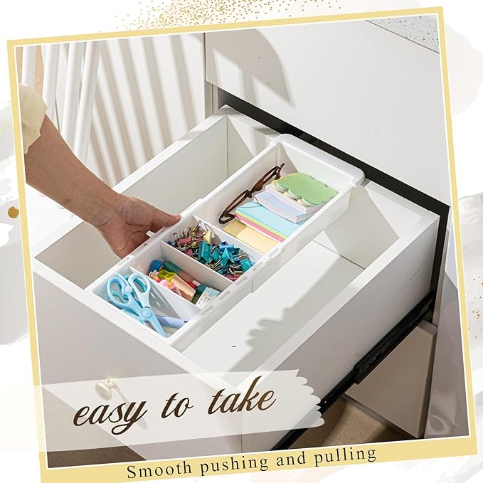 6 Pcs Expandable Drawer Organizer Bins Adjustable Deep Drawer Hanging Organizer Tray Expandable 11.4 to 18.1 Inches Plastic Dividers Storage for Office Bathroom Bedroom Kitchen Desk, White