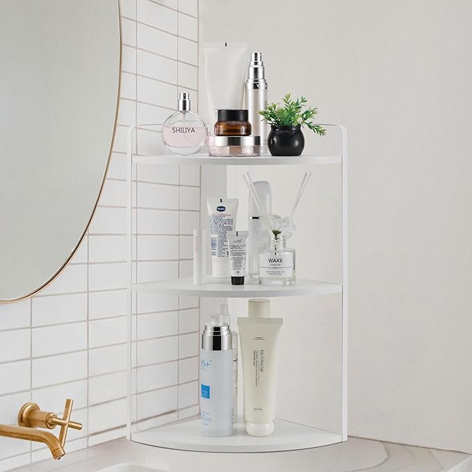 3 Tier Corner Bathroom Counter Organizer, Countertop Organizer, Makeup Organizer Countertop, Bathroom Storage Sink Shelf, Wooden and Metal Counter Shelf (Large Capacity-White)