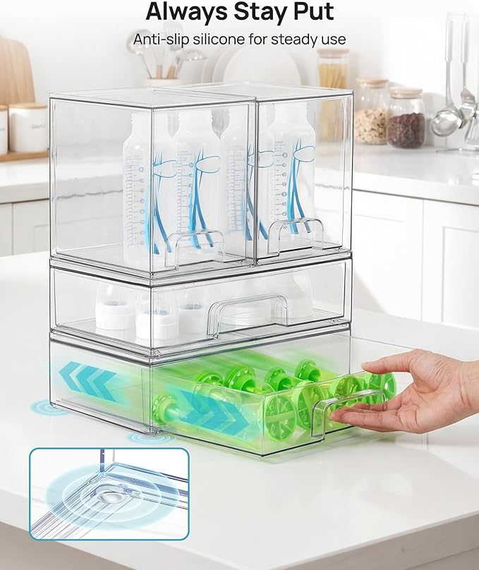 Clear Stackable Storage Drawers Set of 4, Plastic Organizer Bins for Makeup