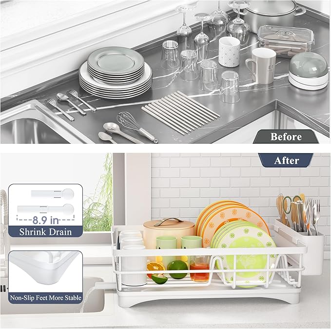 Dish Drying Rack, Stainless Steel Dish Rack for Kitchen Counter, White