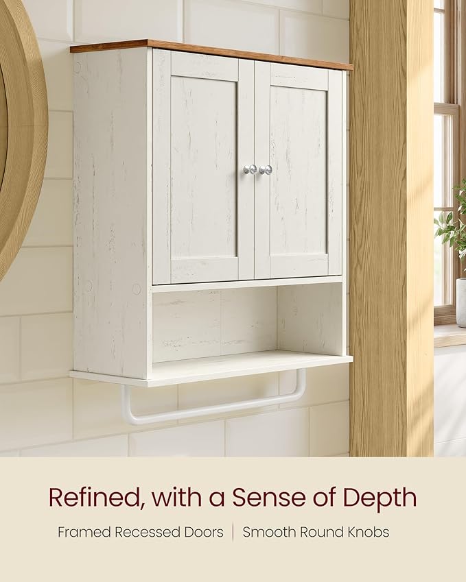 VASAGLE Siren Collection - Hanging Bathroom Cabinet with Towel Rod, Farmhouse Wall Storage Cabinet, with Adjustable Shelf, and Doors, 7.9 x 20 x 23.6 Inches, Rustic White and Honey Brown UBBK149WJ01S