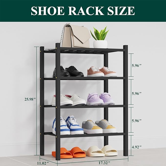 Smiry Small Bamboo Shoe Rack, 4 Tier Free Standing Wooden Shoe Organizer, Stackable Wood Shoe Storage Shelf for Closet, Entryway, 14 Vertical Slats, 2+2 Stack Heavy-Duty Legs, 17.3"x11"x26", Black