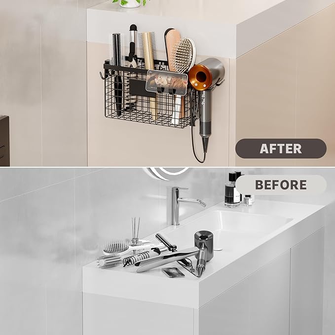 Magheo 2 Pack Hair Tool Organizer,Adhesive Hair Dryer Holder Cabinet Door/Wall Mounted Adjustable Height Blow Dryer Holder Under Sink Bathroom Hair Appliance Organizer and Storage Countertop(Black)