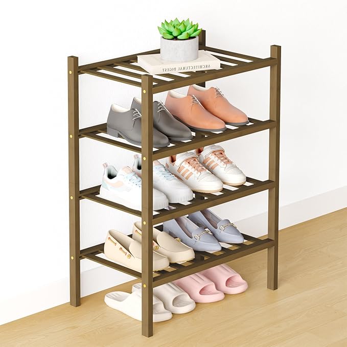 Smiry Bamboo Shoe Rack for Closet, 4 Tier Small Wooden Shoe Organizer, Stackable Wood Shoe Storage Shelf for Entryway, 14 Vertical Slats, 2+2 Stack Heavy-Duty Legs, 17.32"x11.02"x25.98", Walnut