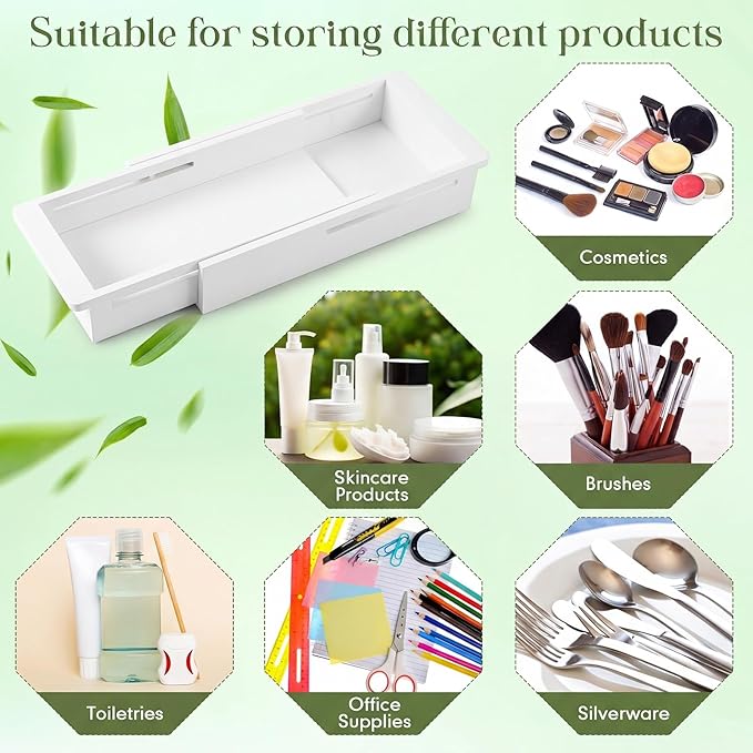 2 Pcs Sliding Drawer Organizer Bin Bamboo Drawer Expandable Bins Utensil, White