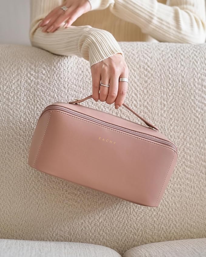 EACHY Travel Makeup Bag, Large Capacity Cosmetic Bag for Women, Waterproof PU Leather, Flat Open Portable Toiletry Bag for Skincare