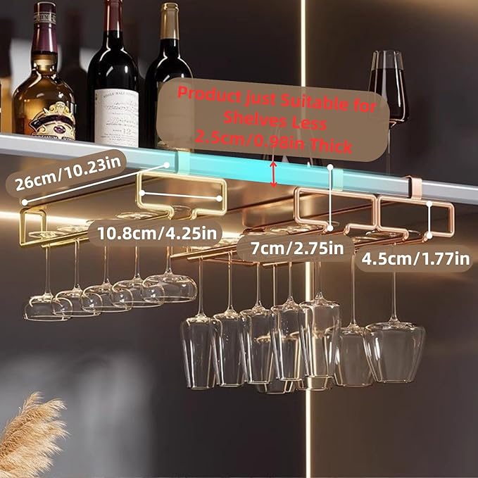 LINFIDITE 2 Pack Under Cabinet Wine Glass Rack Rose Gold Wine Glass Holder Stemware Rack Hanger Kitchen Hanging Storage Rack Organizer (For Partition Thickness under 0.98")