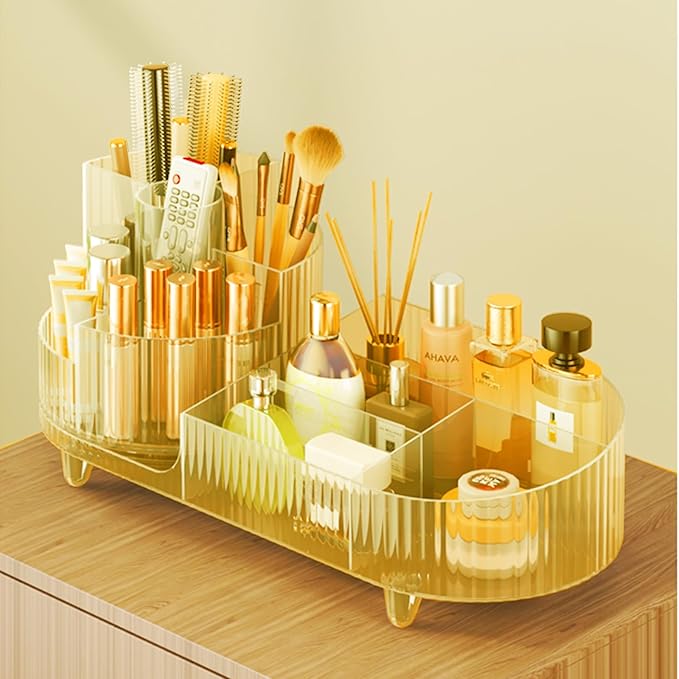 Rotating Makeup Organizer for Vanity with Brush Holder, Transparent Gold