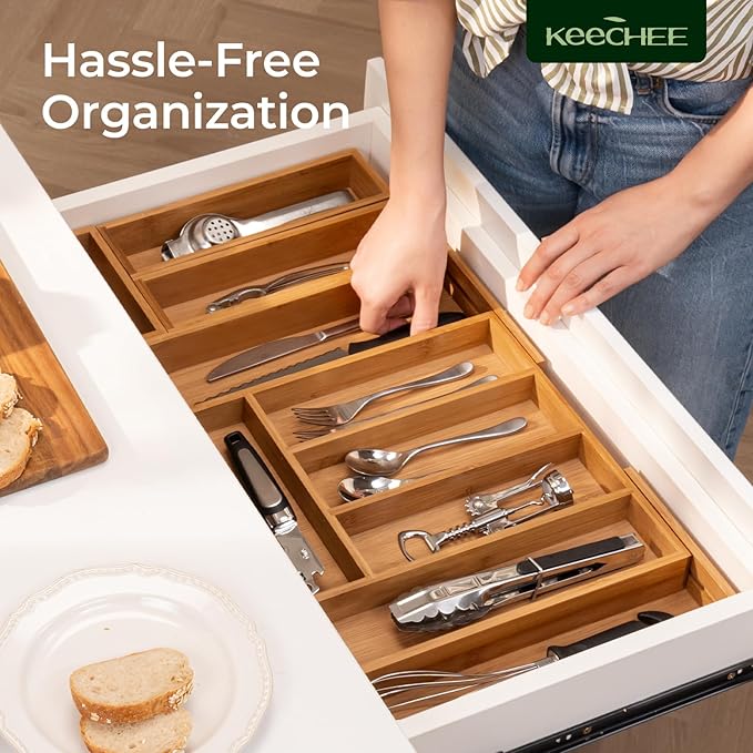 6-Piece Bamboo Drawer Organizer Set, 2.2" Deep Multi-Use Organizers for Utensils