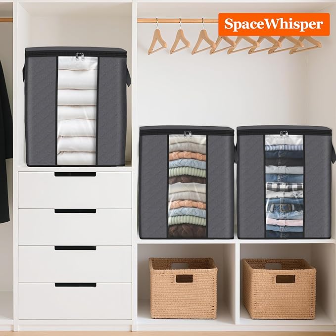 SpaceWhisper 3 Pack 100L Clothes Storage, Foldable Thick Fabric Blanket Storage Bags, Containers for Organizing Bedroom, Closet, Clothing, Comforter,Closet Organization with Handle,Grey