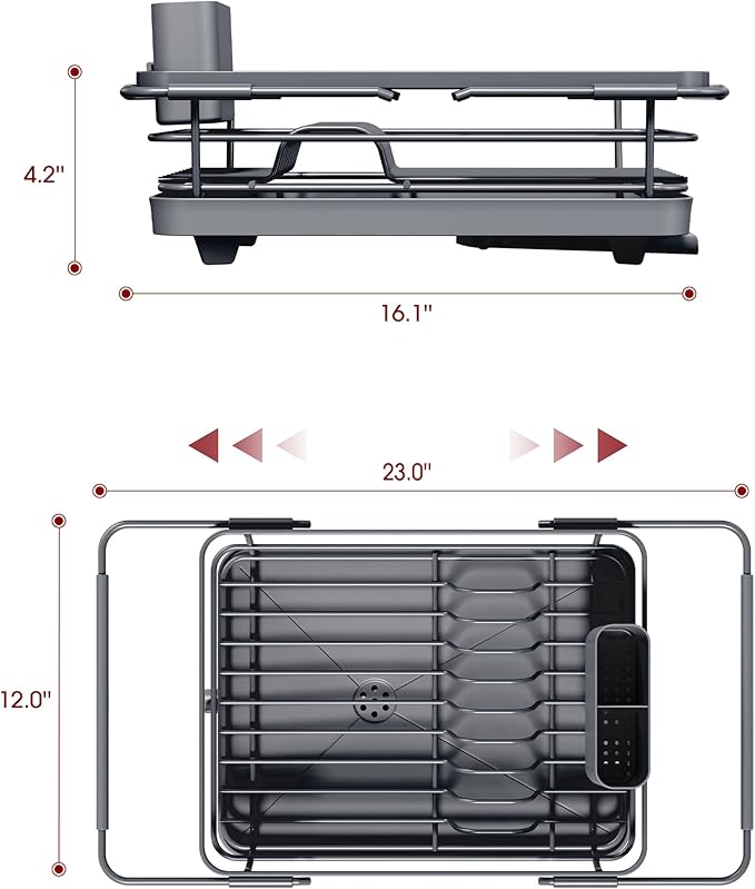 Sakugi Extendable Dish Drying Rack Over Sink with Dish Drainer, Sink Organization and Storage Essentials with Silverware & Utensil Holder, Home and Apartment Decor, 12" W x 16.1~23" L, Gray