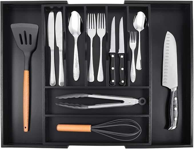 Large Premium Bamboo Silverware Organizer, 7-9 Slot, Black