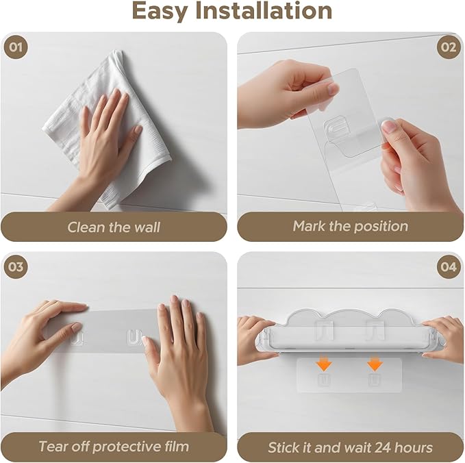 2 Pack Acrylic Shower Caddy Adhesive, No Drilling Bathroom Shower Organizers, with 4 Removable Hooks, Wall Mounted Shower Shelves, Acrylic Shower Holder Storage for Bathroom, Dorm, Kitchen