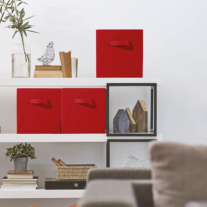 Sorbus Foldable Storage Cubes - 6 Fabric Baskets for Organizing Pantry, Shelf, Toy Box, Cubby, Closet Organizer - 11 Inch Collapsible Closet Organizers and Storage Bins - Red Storage Cubes with Handle