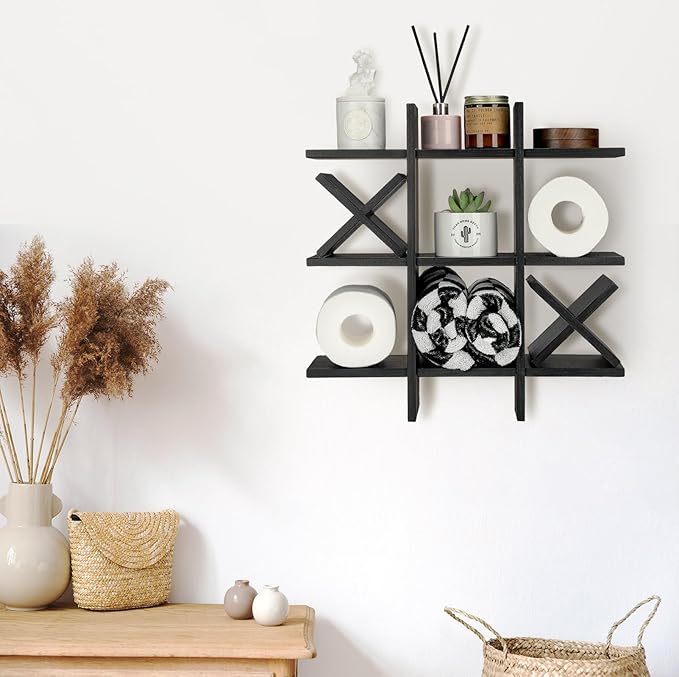 Weysat Tic Tac Toe Toilet Paper Holder Stand Bathroom Wall Decor Rustic Wooden Hanging Storage Freestanding Wall Mounted Shelves Decor for Toilet Tissue Farmhouse