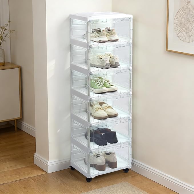 SAYMA LED Shoe Storage Box, Clear Shoe Storage Organizer with Magnetic Door, Stackable Plastic Shoe Cabinet with Wheels, Foldable Shoe Rack for Closet, Easy Assembly Shoe Cabinet for Entryway
