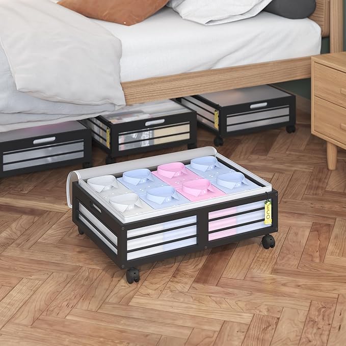 Bamboo Underbed Storage Containers with Wheels & Bag 2 Pack, Under Bed Rolling Storage Bins, Wood Underbed Shoe Clothes Storage Stackable Drawers for Bedroom Closet Under Crib Toy (Black)