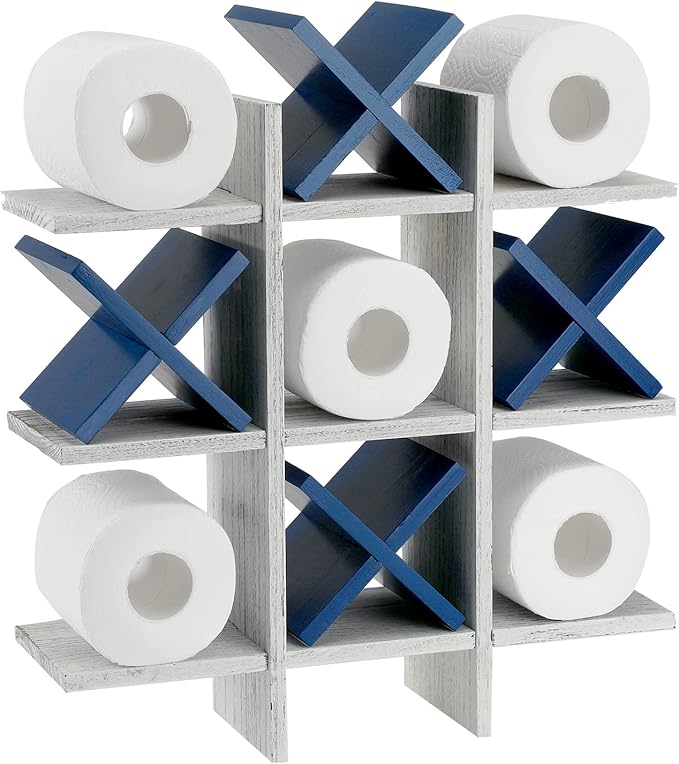 Weysat Tic Tac Toe Toilet Paper Holder Stand Bathroom Wall Decor Rustic Wooden Hanging Storage Freestanding Wall Mounted Shelves Decor for Toilet Tissue Farmhouse