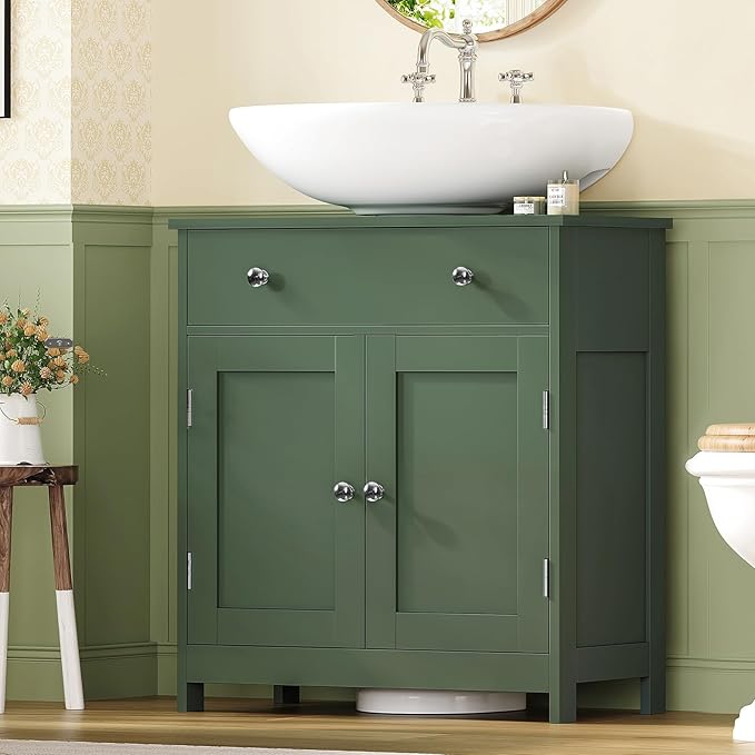 TEENFON Pedestal Sink Storage Cabinet with 2 Doors and Drawer, Bathroom Sink Cabinet, Under Sink Storage with U-Shape Cut-Out, Green UNYSG033V