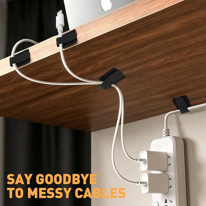 200pcs Hook and Loop Cable Straps,Under Desk Cable Management,Adjustable Cord Organizer for Desk Home Office Organization (Black)