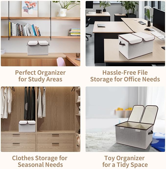 Foldable Fabric Storage Box, 16.5 x 11.8 x 9.8 inches (L x W x H), with Double-Lid & Dividers, Large Organizer for Home, Closet, Office(Grey, 4 Packs)